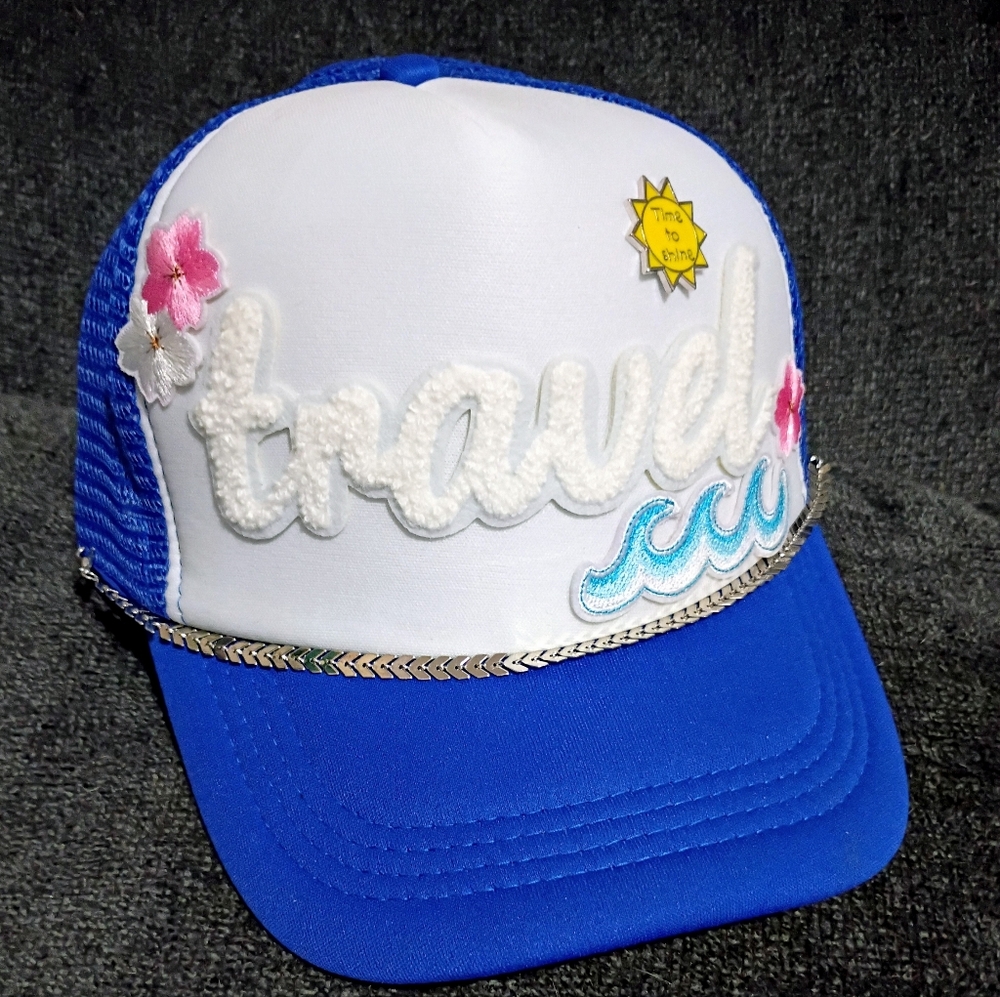 Blue and White 'Travel' Embroidered Cap